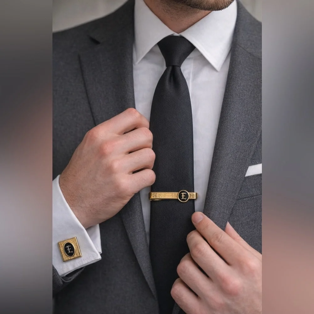 Vintage Swank Gold Tone Initial “E” Cufflinks & Tie Clip Set With Original Box